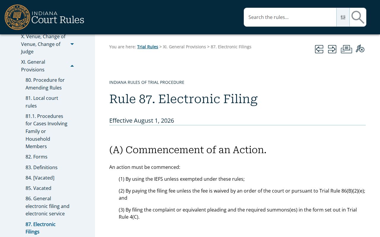Indiana electronic filing rule page relevant to Clinton County court records