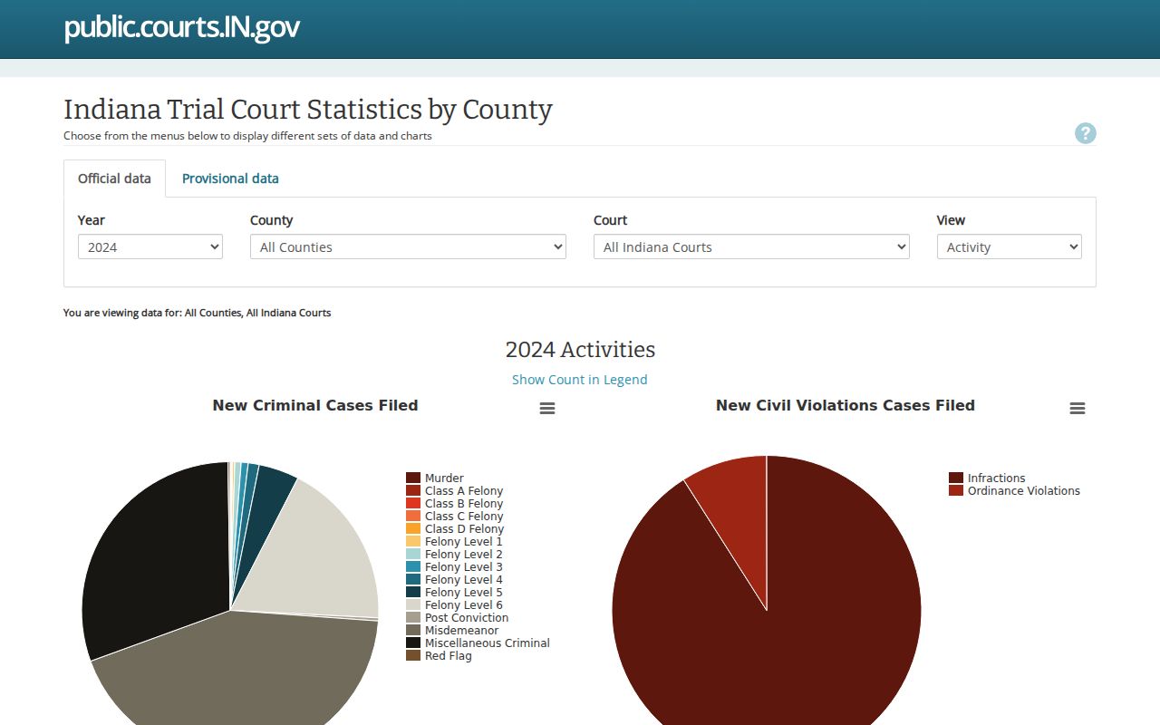 Indiana Court Online Reports screen for court statistics