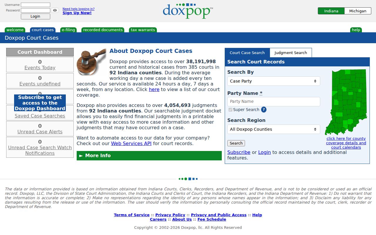 Doxpop Indiana court portal used for Clinton County hearing leads