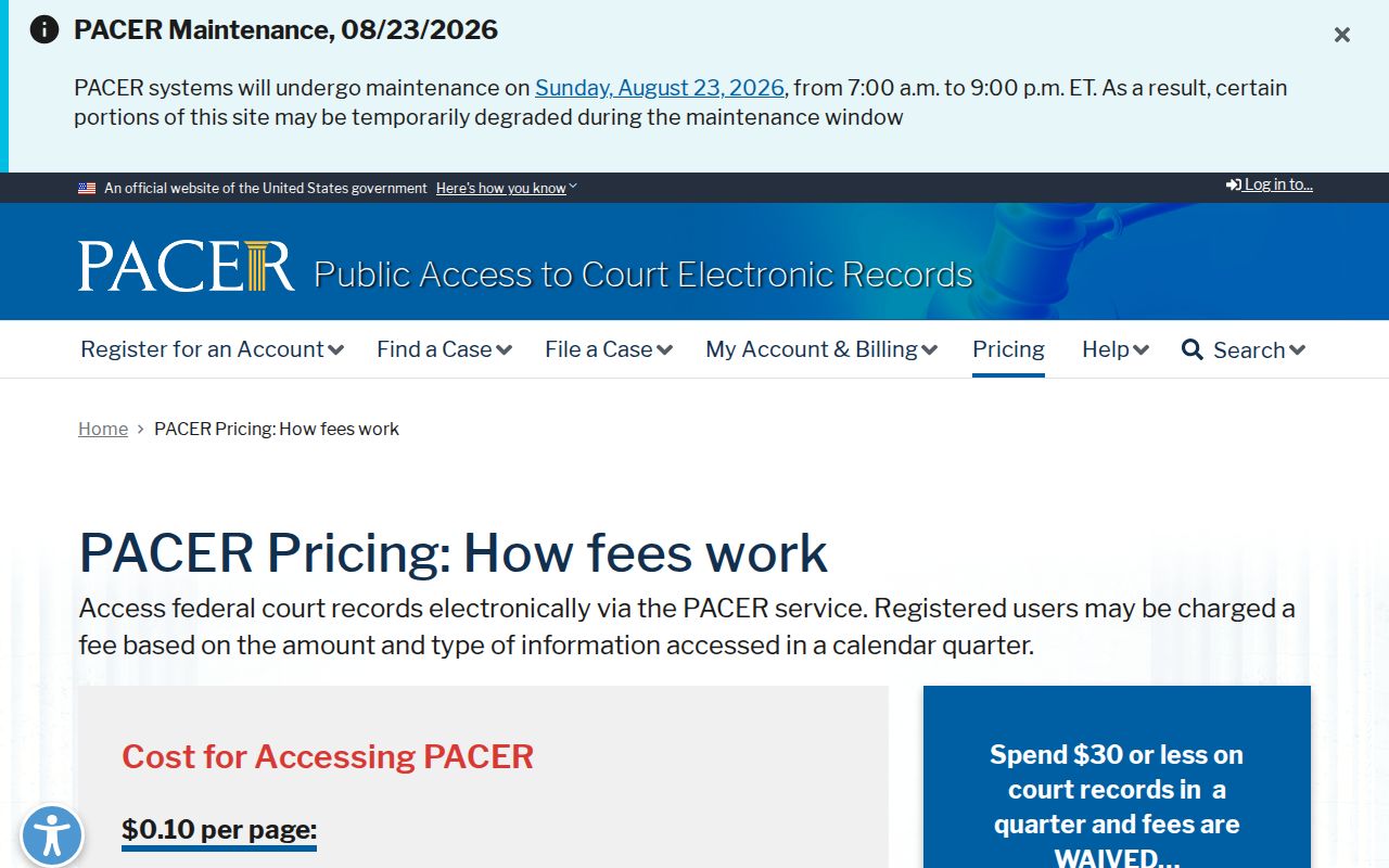 PACER fee guidance for a Mulberry federal docket