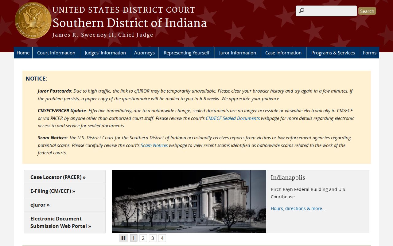 Southern District of Indiana website for federal cases separate from Rossville state dockets